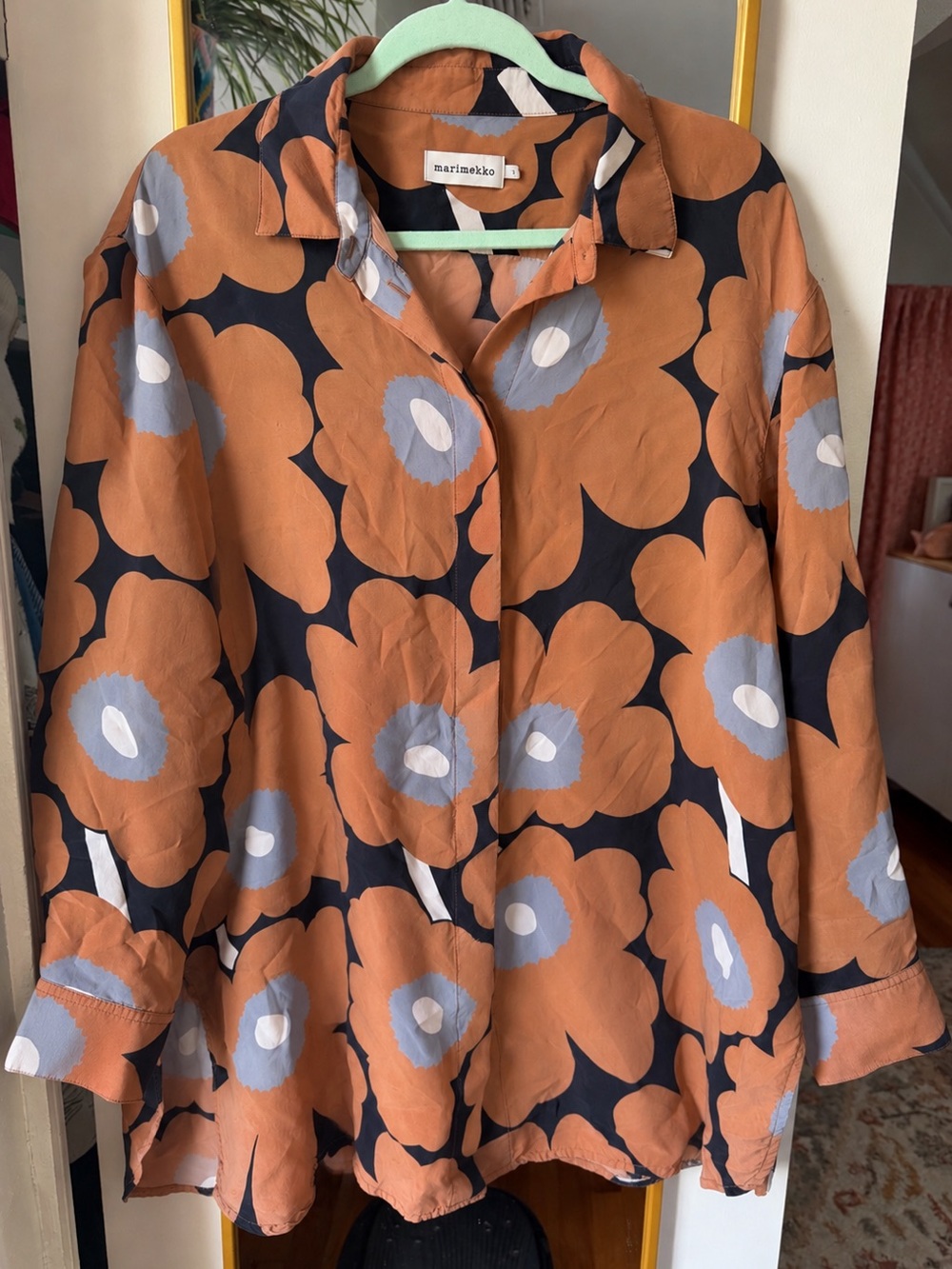 Marimekko Rust Orange Floral Button-Up Blouse with Black & Light Gray Details